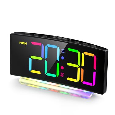 Цифровий LED будильник з RGB підсвіткою (7 кольорів), мережевий будильник з 2 сигналами, функцією Snooze, регулюванням гучності та яскравості, формат 12/24г, багатоколірний
