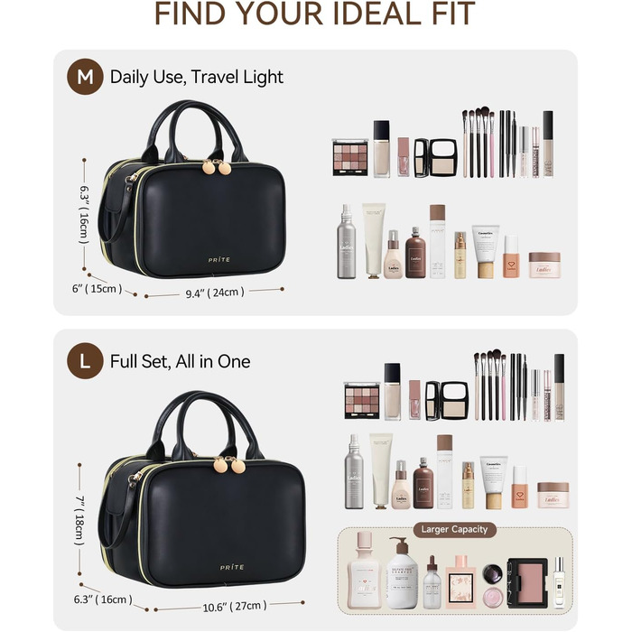 Косметичка-органайзер для подорожей, велика місткість, водонепроникна, з ручкою та кількома відділеннями (Чорний, M)