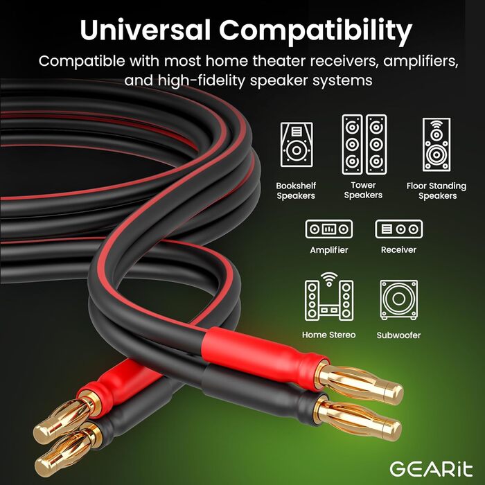 Акустичний кабель GEARit OFC 2 x 2,50 мм² (14 AWG), 2 метри, HiFi аудіо кабель для колонок з позолоченими банановими роз'ємами, чорний (2 шт. в комплекті)