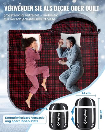 Сплячий мішок KingCamp XXL з бавовни фланелі для дорослих, великий, теплий, зимовий, для кемпінгу, подорожей та активного відпочинку на природі (4 сезони), 220x100 см (#Klassisch Grau)