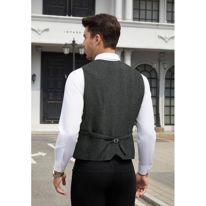 Жилет чоловічий HISDERN Vintage Casual Tweed з вовни в колірну смужку Herringbone для весілля, офісу та ділових зустрічей (L, темно-сірий)