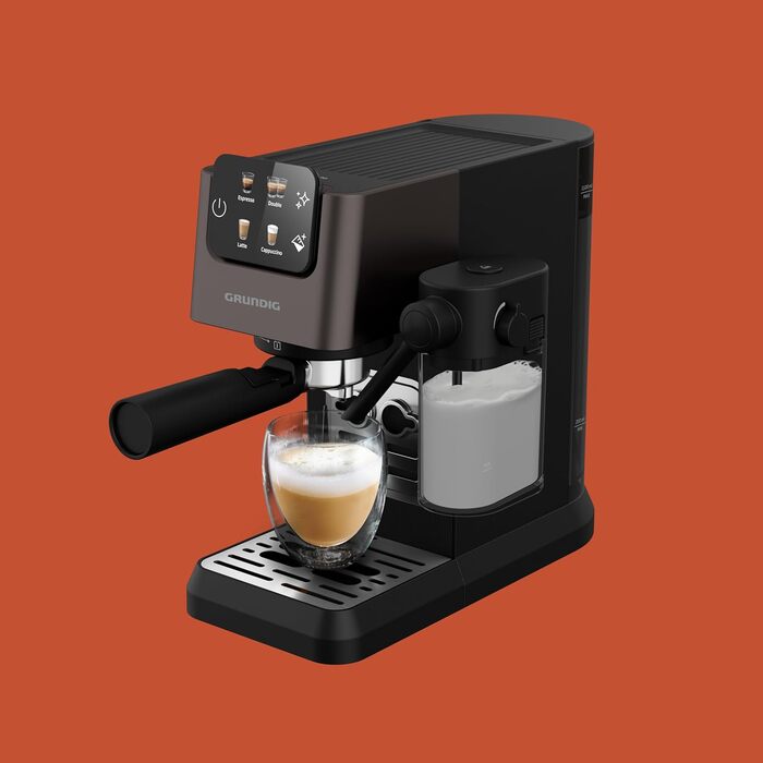 GRUNDIG KSM 5330 Espresso Machine with Integrated Milk Container, 1628 W Power, 15 bar Pump Pressure, Dual Nozzle, Color Touch Display, BrewSense, CreamyPro, Dark Inox/Black. With Milk Container