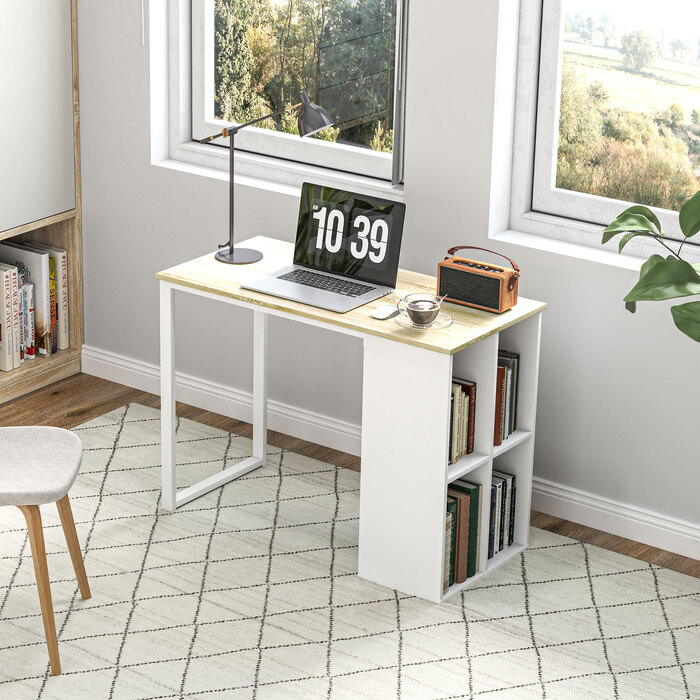 HOMCOM Desk Computer Desk with Storage Compartments, Modern Office Desk with Steel Frame, PC Desk for Home Office, Study Room, Small Room 100 x 54 x 75 cm, Oak | Aosom