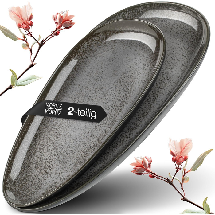 Набір сервірувальних тарілок Moritz & Moritz VIDA, антрацит (2 шт.) - великі тарілки з високоякісного порцеляну, сучасний дизайн, підходить для мікрохвильової печі та посудомийної машини, ідеально для салатів, м'яса на грилі, закусок та іншого