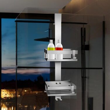 Полка для душу Melko з нержавіючої сталі без свердління, дзеркальний захист, кріплення для шампуню з гачками, підходить для душової кабіни з безрамковою скляною дверцями, антикорозійна, тримач для бритви та рушників