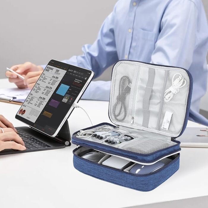 Органайзер для кабелів AiQInu: універсальна дорожня сумка-кубик, 3 шари, водонепроникний, для кабелів, powerbank, USB, SD карт (темно-синій)
