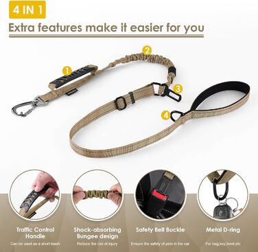 Тактична повідок для собак AUBELL, міцна, світловідбиваюча, без натягу, з амортизатором, для середніх та великих собак, з зручним двошаровим ручним захопленням, автомобільний ремінь безпеки, обертання на 360°, зелений (4-6 футів, коричневий)