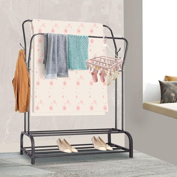 Стійка для одягу на підлозі з металу з полицею для взуття та нижньою полицею, чорна, подвійна
