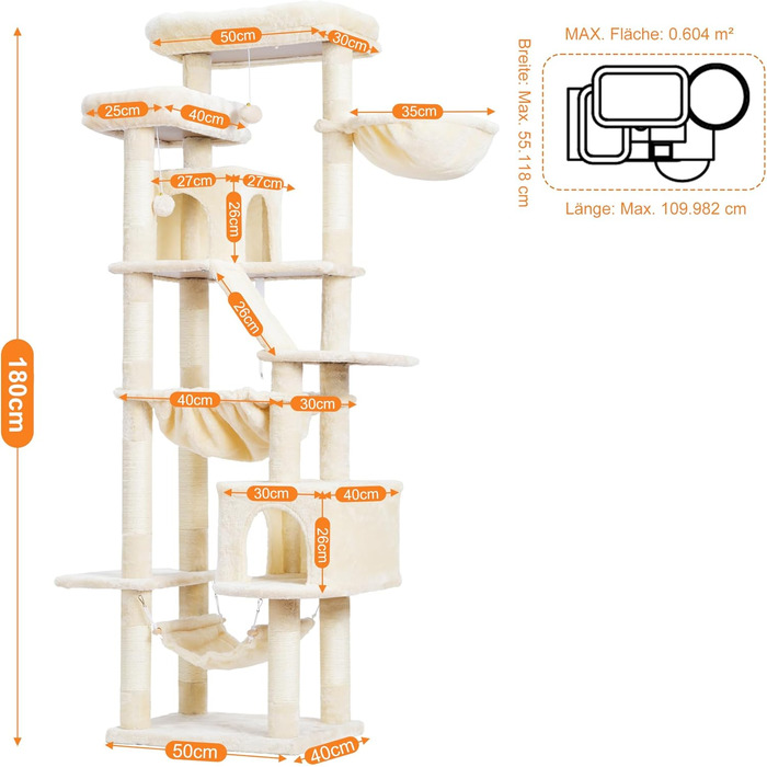 Кігтеточка-кітчечка Heybly HCT034W, 180 см, бежева: 2 платформи, 2 будиночки, 2 гамаки, кошик, кігтедряпання