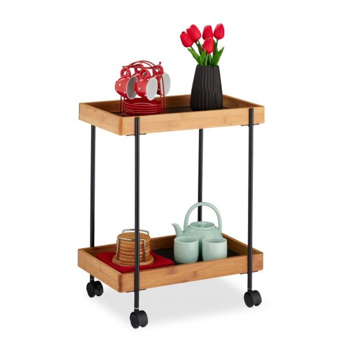 Relaxdays Bamboo Serving Trolley, Black, with 2 Tiers