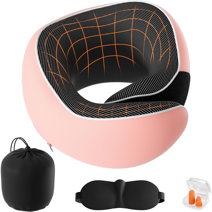 Подушка для шиї у подорожах: м'яка, з піною з пам'яті, з навушниками та маскою для очей (рожева)