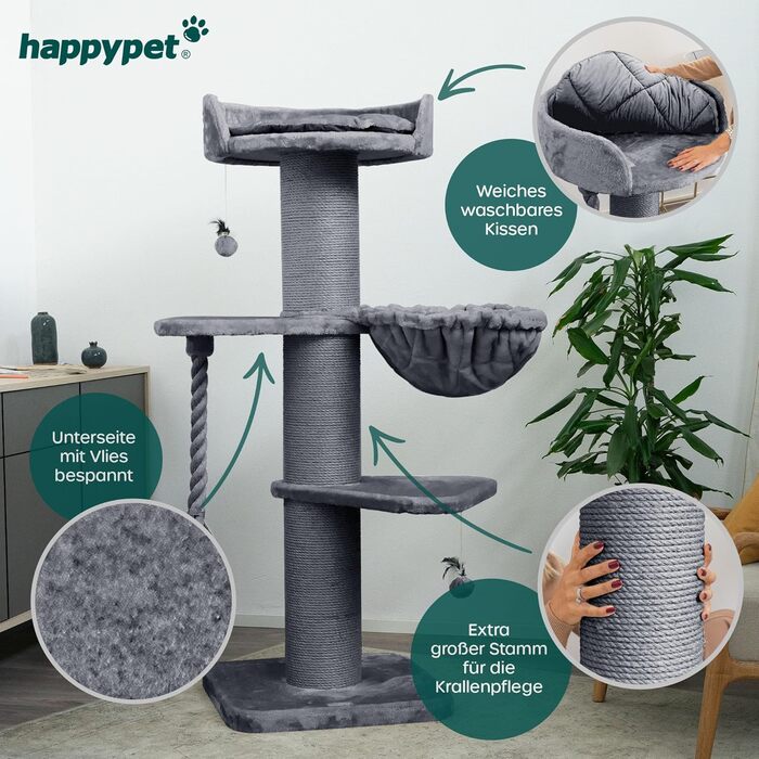 HAPPYPET Преміум Дряпка для котів 'Купер' – 150 см, велика, для Мейн-кун, з сизалю, товсті стовпи (сірий)