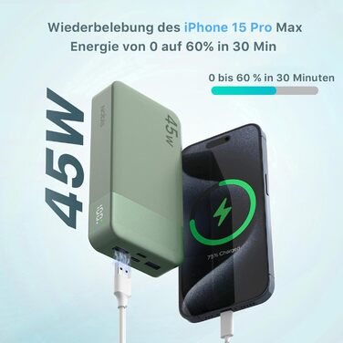 Power Bank NOBIS 20000mAh 45W з кабелем USB-C, портативний зарядний пристрій з цифровим дисплеєм (зелений)