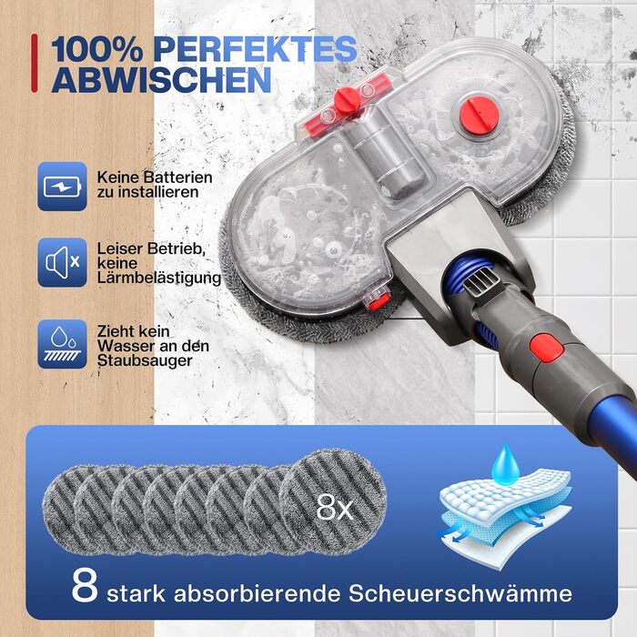 Насадка для миття підлоги для пилососів Dyson V7/V8/V10/V11/V15 - електрична насадка для миття підлоги, оригінальна з знімним баком для води, моп з 8 пральних мопів та контейнером для води