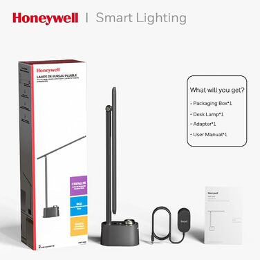 LED лампа Honeywell для столу з USB-портом, регульована яскравість, захист очей, Sunturalux™, для офісу та дому, складна, чорна