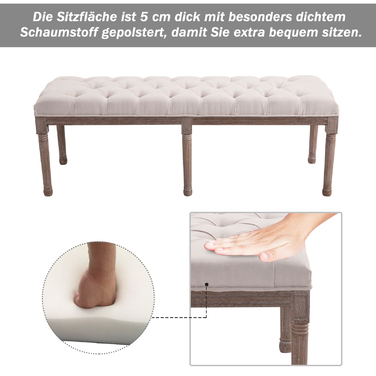 HOMCOM Upholstered Bench, Ottoman, Lounge Bench, Vintage Retro with Buttons, Linen, Wood, Beige, 142x47x51cm for Living Room & Hallway