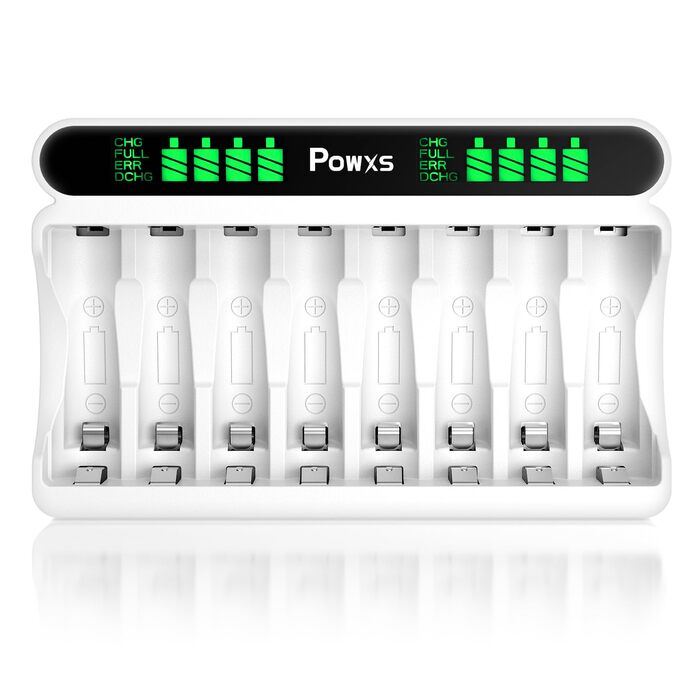 Зарядний пристрій POWXS для акумуляторів Ni-MH/Ni-CD AA/AAA, 8 слотів, LCD-дисплей, USB/Type-C