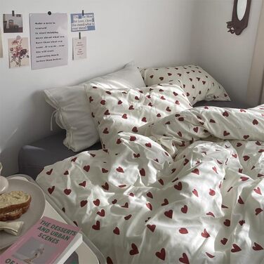 Ashanlan Bedding Set 220x240 Cotton Hearts Red White Duvet Cover Aesthetic Heart Pattern Bedding Set and 2 Pillowcases 80x80 cm Double Bed with Zipper Red Hearts 220x240cm+2x80x80cm