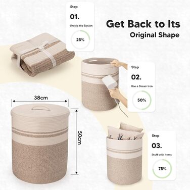 Rieeyrslza Laundry Basket with Lid for Blankets 58L Woven Cotton Rope Basket Cotton Rope Laundry Collector with Hollow Handle, for Living Room, Placing Blankets Pillows, 38 x 50cm (Brown)