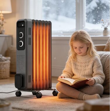 Масляний радіатор COWSAR: Енергоефективний обігрівач з 3 режимами, захистом від перекидання та перегріву, 1200W, сірий для вітальні та спальні