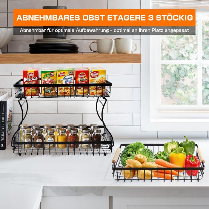 Металева фруктова корзина GMISUN з 3 ярусами та підставкою для бананів, чорна, сучасний дизайн. Підходить для зберігання фруктів, овочів та закусок. Велика місткість, 3 яруси.