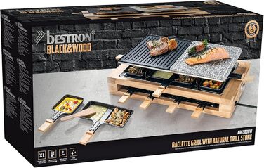 Електричний гриль-раклет Bestron XL на 8 осіб, 1500 Вт, з натуральним каменем, антипригарною пластиною та набором сковорідок, дерев'яний дизайн