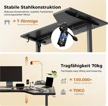 Електричний столик Agilestic L-подібної форми 150 см, регульований по висоті, для дому та офісу, ергономічний комп'ютерний стіл зі з'єднувальною панеллю, чорний, 150 x 90 см