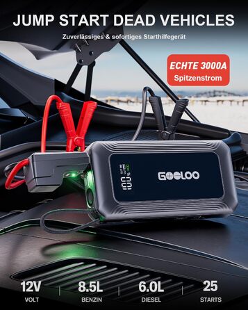 Powerbank для авто Gooloo G7 3000A: пусковий пристрій з USB-C, LED-ліхтарик, 12V (до 8.5L бензин/6L дизель)