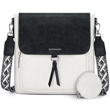 Сумка жіноча RAINSMORE середнього розміру через плече, шкірзам PU, чорно-біла з широким ременем