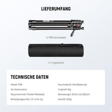 Штатив для камери NEEWER з моноподом, 72 дюйми, алюміній, міцна конструкція для DSLR, екшн-камер, відеокамер, кульковий голковий вушко 360°, платформа Arca-Swiss, максимальне навантаження 15 кг, серветка для очищення