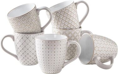 DOWAN Coffee Mug Set, 6 x 560 ml Porcelain Coffee Cups, Large Mugs with Embossed Pattern in Country House Style for Coffee, Milk, Tea & Hot Chocolate, Reactive White Mug Set