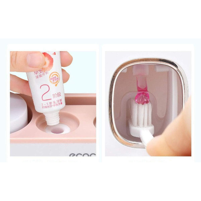 Автоматичний диспенсер пасти та тримач для зубних щіток MHTECH (рожевий) - комплект з 2 пастоущільнювачами, 4 стаканами, вміщує 5 щіток