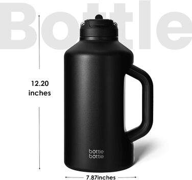 BOTTLE BOTTLE Insulated Water Bottle with Straw and Double Lid, Stainless Steel Sports Water Bottle for Men, with Handle, Vacuum Stainless Steel, for Workout and Sports, 1.8L, Black