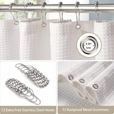 Штора для ванної кімнати Waffel з кільцями, 182x182 см, біла - водовідштовхувальна, анти-грибок
