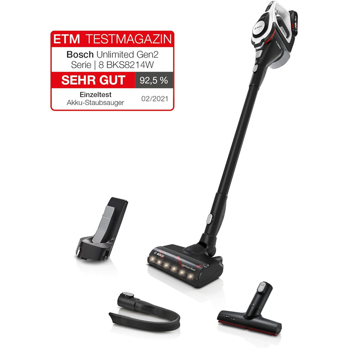 Bosch Unlimited Gen2 Series 8 Cordless Vacuum Cleaner BKS8214W, bagless, up to 45 minutes runtime, interchangeable battery, LED lighting, automatic adjustment to all floor types, XXL upholstery nozzle, white