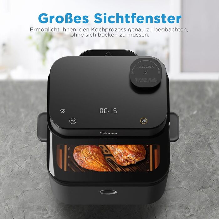 Фритюрниця Midea DualTaste 7 л з оглядовим вікном, аерофритюрниця XXL, 8 програм, випікання, гриль, розморожування, таймер 12 годин, 40-200°C, 1650 Вт, знімна чаша, модель MF-CY75AB
