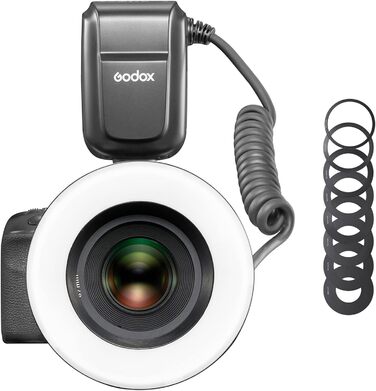 Godox MF-R76 Макро-кільцевий спалах, допоміжні лампи фокусування, незалежне регулювання яскравості, акумулятор Li-Ion, 8 адаптерних кільця для камер