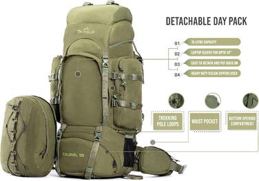 Tripole Rucksack from the Colonel Series with Internal Frame - Featuring Detachable Daypack and Rain Cover (95 Liters, Olive Green)