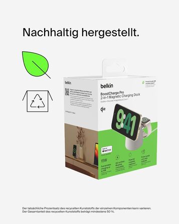Belkin BoostCharge Pro 2-в-1: Бездротова зарядка Qi2 15W MagSafe для iPhone, Apple Watch, AirPods – Пісочний колір