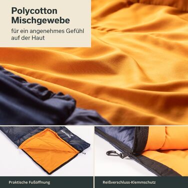 Спальний мішок Skandika Iceland Single - теплий, великий, для кемпінгу, 3 сезони, бавовна, 220x80 см, для дорослих, блакитний, з блискавкою зліва