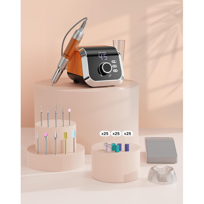 Професійний електричний фрезер для нігтів Nagelfräser 45000 об/хв з педаллю, LCD дисплеєм, 45 швидкостей, F/R, функція паузи, для гель-манікюру, для салону та дому