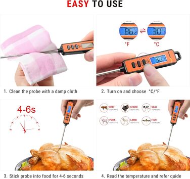 ThermoPro TP01S: Цифровий термометр для м'яса, гриля та приготування їжі - Швидке зчитування, довга сонда, помаранчевий