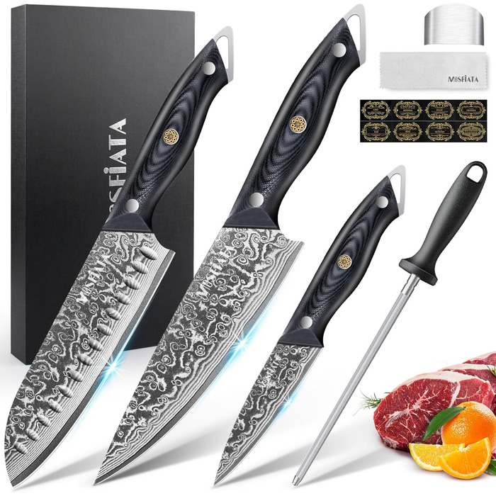 Ніж кухарський MOSFiATA Дамаск 8 дюймів - Японський кухонний ніж з дамаської сталі з набором (3 шт.)
