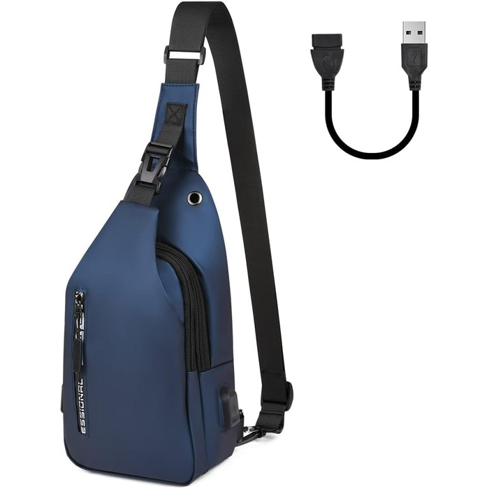 Чоловіча нагрудна сумка через плече, Oxford-тканина, USB-порт для зарядки, водонепроникна, для спорту, роботи, велосипеда, подорожей (Синій #4)