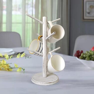 Dorho Cup Holder, Tree, Coffee Cup Holder with 6 Hooks, Wooden Cup Holder for Countertop, Coffee Bar Accessories and Organizer Station, White (Rustic White)