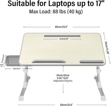 Стіл для ноутбука в ліжко, регульований, з ящиком, 60 x 34 см, бежевий