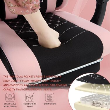WOLTU Gaming Chair with Massage Function, Computer Chair with Pocket Spring Cushion, Ergonomic Gamer Recliner, Swivel Chair with Headrest, Lumbar Pillow, Footrest, Mesh Fabric, Black+Pink, GS15swr Black+pink Mesh Fabric