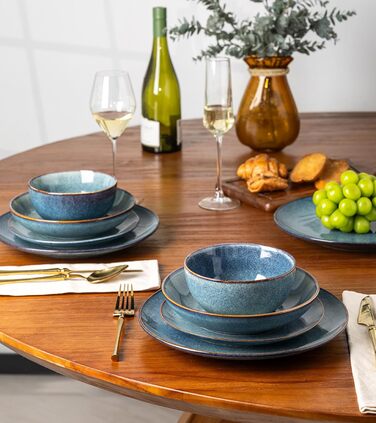 GBHOME Набір посуду з кераміки, 24 частини (12-ти та 24-ти місний), ручної роботи, реактивна глазур, тарілки та миски, стійкий до сколів та тріщин, придатний для миття в посудомийній машині та використання в мікрохвильовці, білий колір (Ceylon Blau)