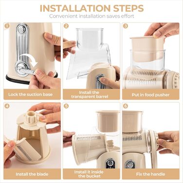 Тертка для овочів STEAS з ручкою - терка для сиру, овочів, фруктів з 5 насадок, міцним присоском, контейнером для ножів (Бежева)