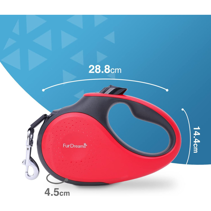 Рулетка для собак FurDreams – міцна висувна поводок (5 м) з надійним гаком для нашийника | Неслизька ручка з блокуванням | Міцний нейлоновий трос, що не заплутується (червоний, великий)